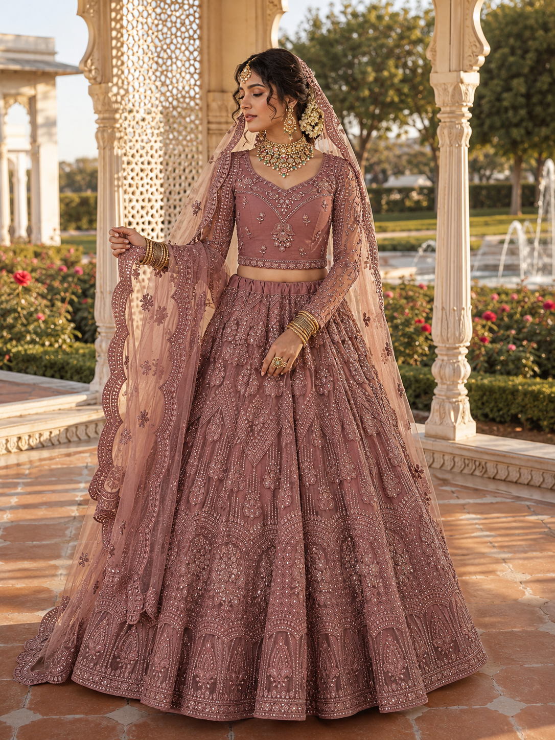 Mauve Pink Heavy Embroidered Bridal Lehenga with Sheer Sleeves & Net Dupatta