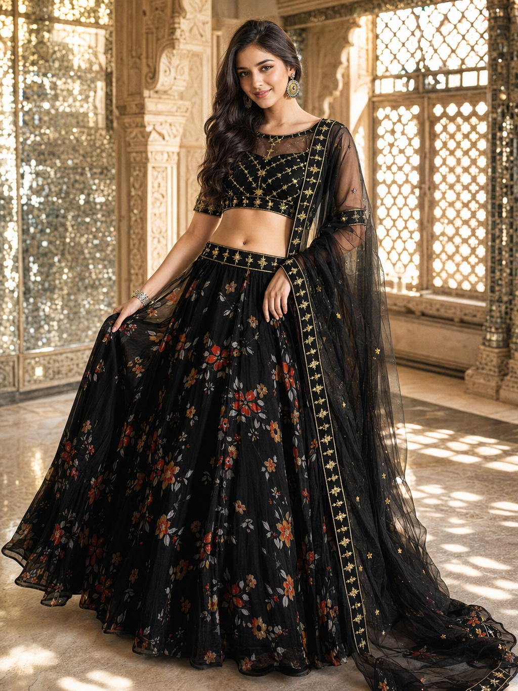 Black Floral Embroidered Lehenga Choli Set for Women | Sheer Net Dupatta with Gold Work | Elegant Party & Wedding Wear