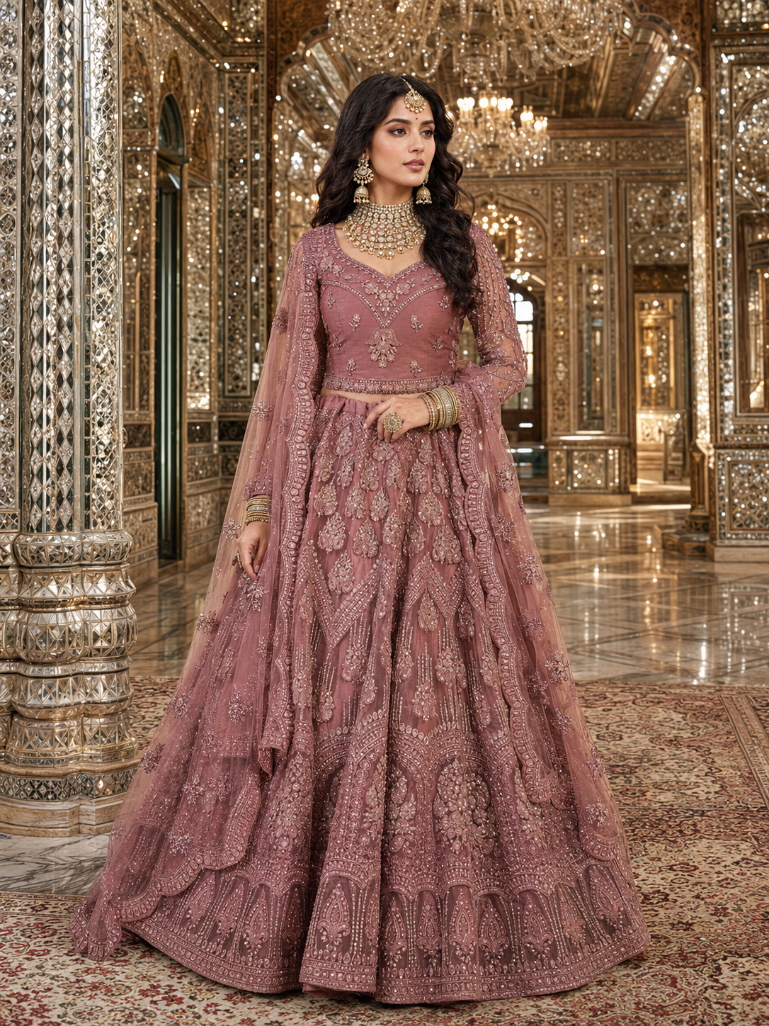 Mauve Pink Heavy Embroidered Bridal Lehenga with Sheer Sleeves & Net Dupatta