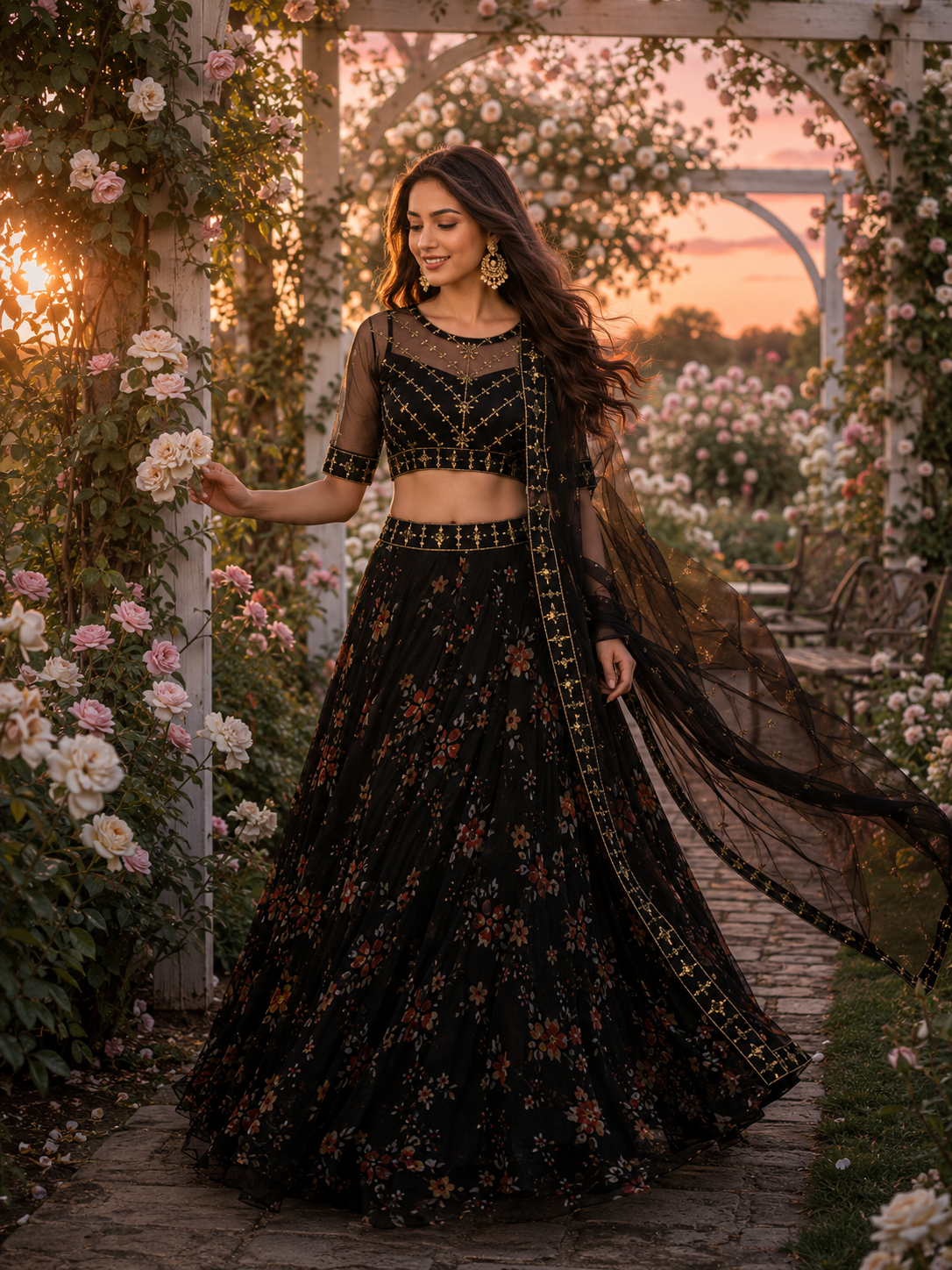 Black Floral Embroidered Lehenga Choli Set for Women | Sheer Net Dupatta with Gold Work | Elegant Party & Wedding Wear