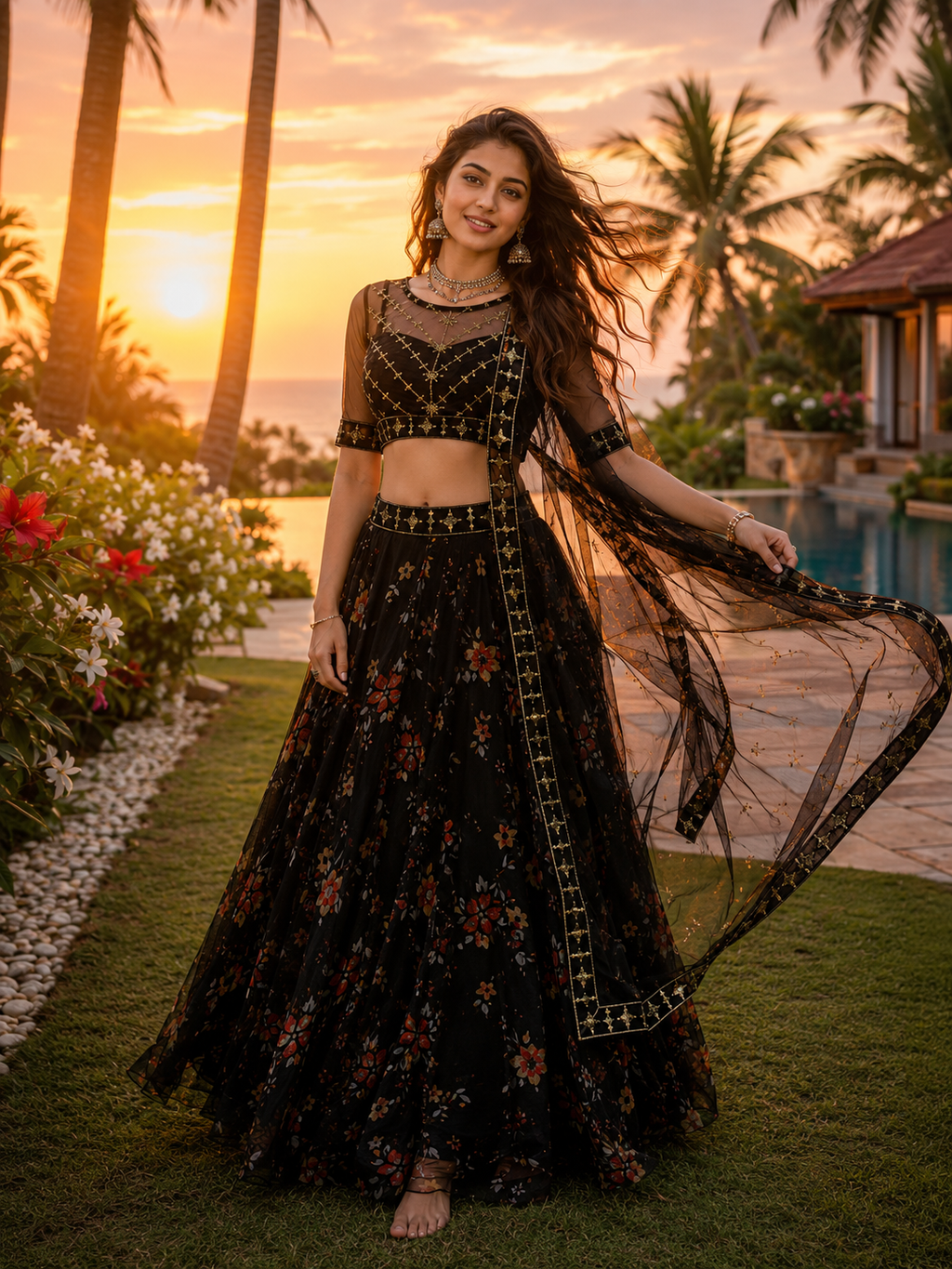 Black Floral Embroidered Lehenga Choli Set for Women | Sheer Net Dupatta with Gold Work | Elegant Party & Wedding Wear