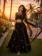 Black Floral Embroidered Lehenga Choli Set for Women | Sheer Net Dupatta with Gold Work | Elegant Party & Wedding Wear