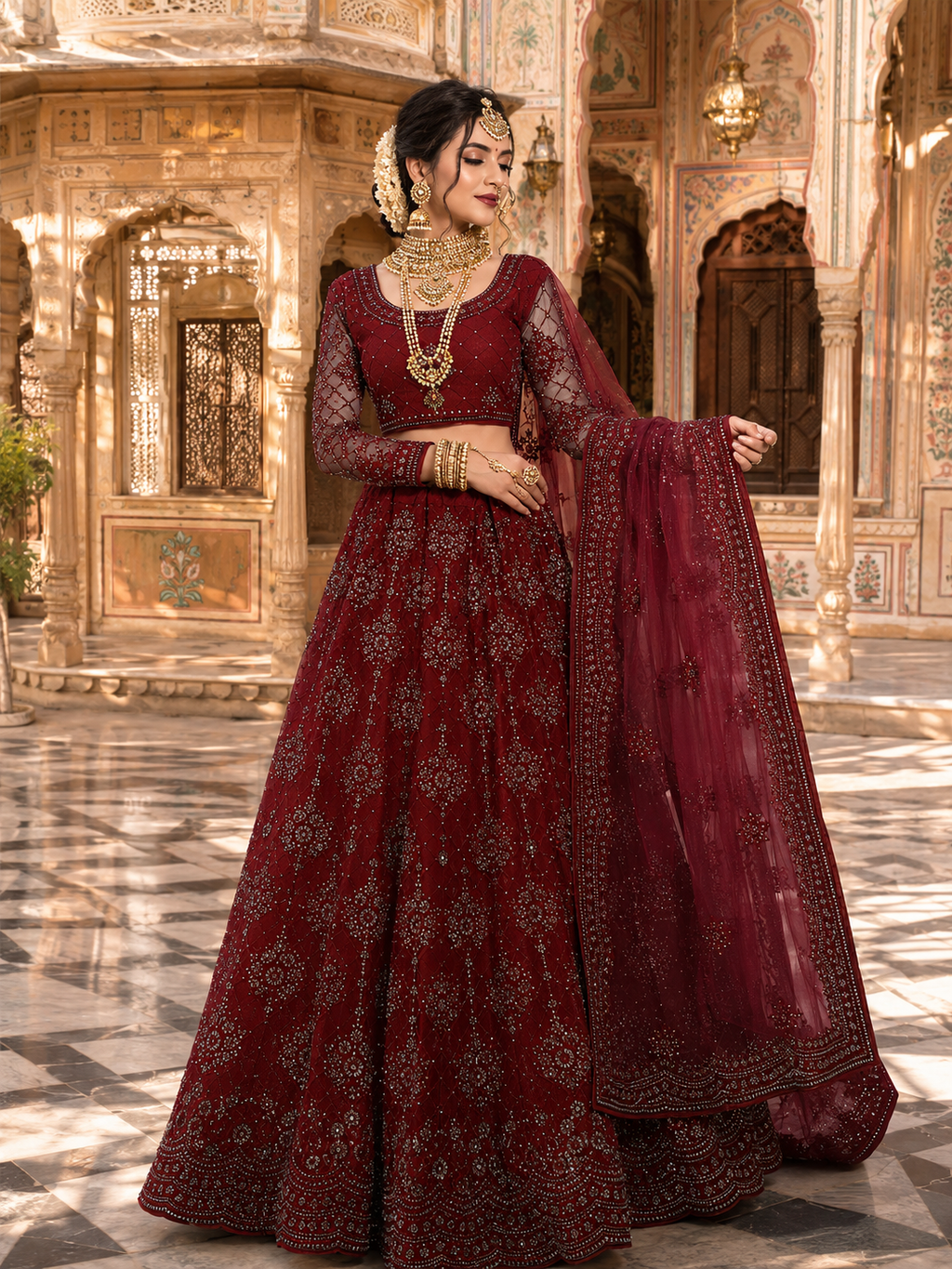 Royal Mirror Palace Bridal Portrait in Deep Maroon Lehenga