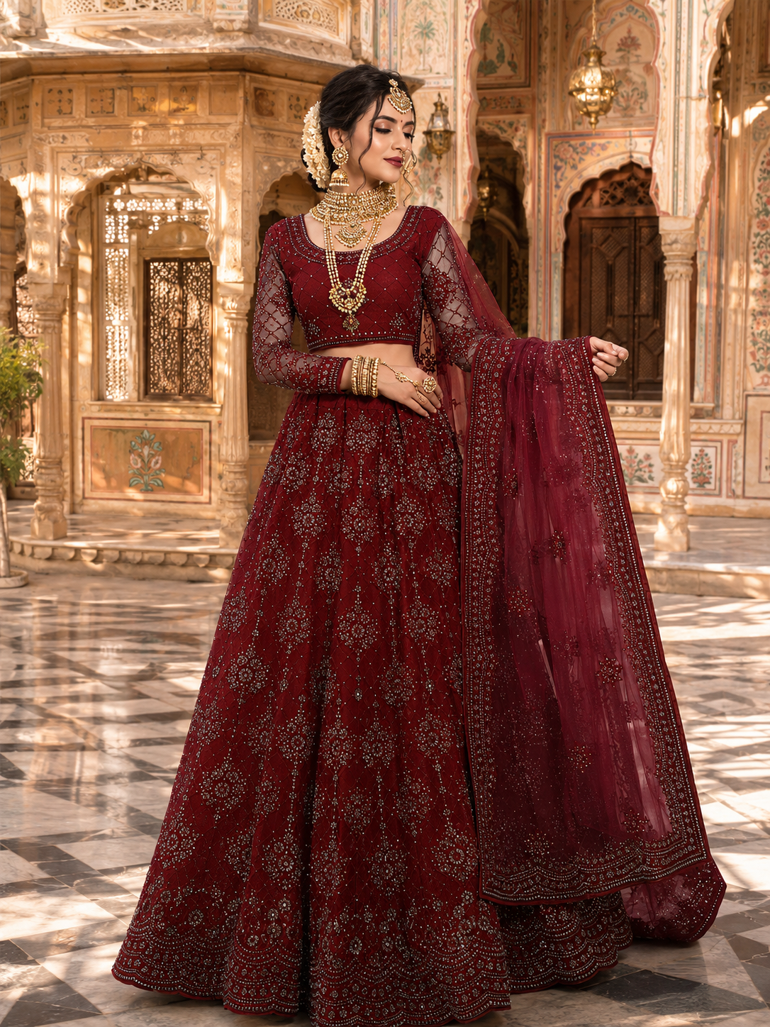 Royal Mirror Palace Bridal Portrait in Deep Maroon Lehenga