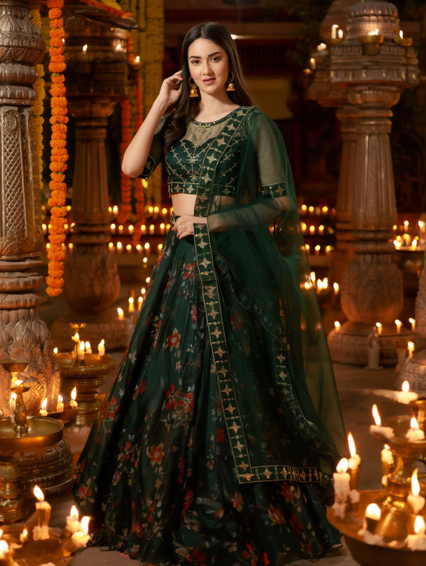 Elegant Embroidered Semi Stitched Lehenga Choli for Women – Green