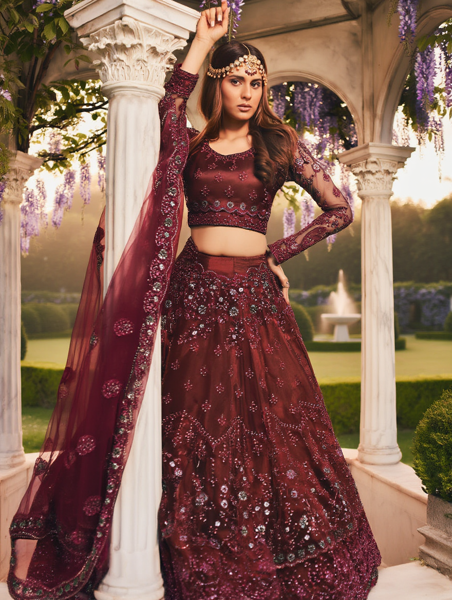 Elegant Embroidered Semi Stitched Lehenga Choli for Women – Maroon