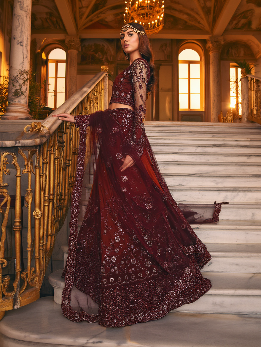 Elegant Embroidered Semi Stitched Lehenga Choli for Women – Maroon