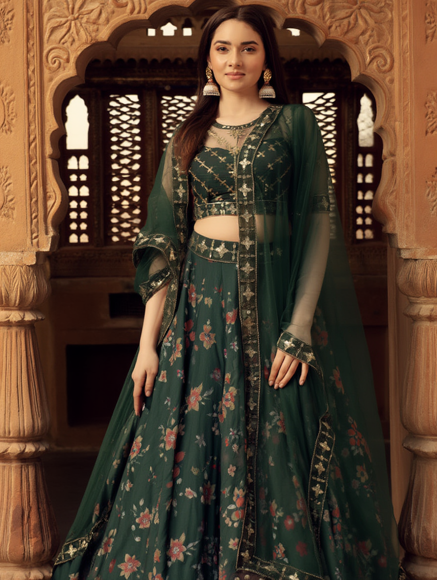 Elegant Embroidered Semi Stitched Lehenga Choli for Women – Green