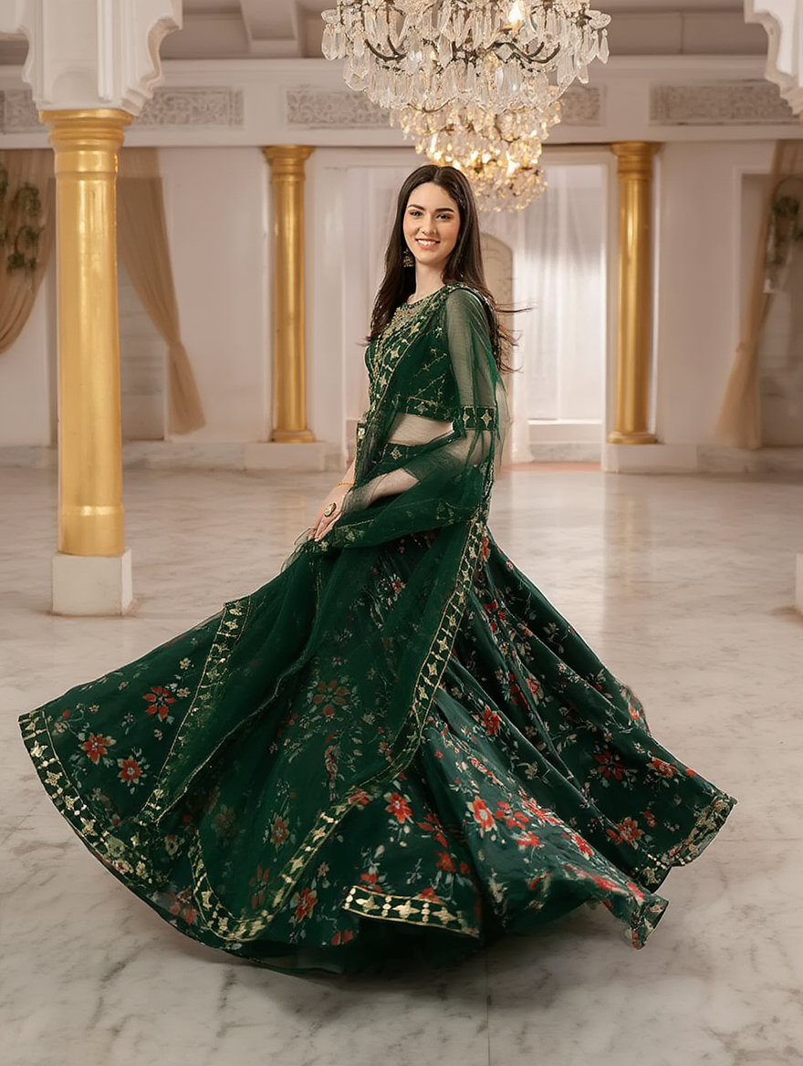 Elegant Embroidered Semi Stitched Lehenga Choli for Women – Green