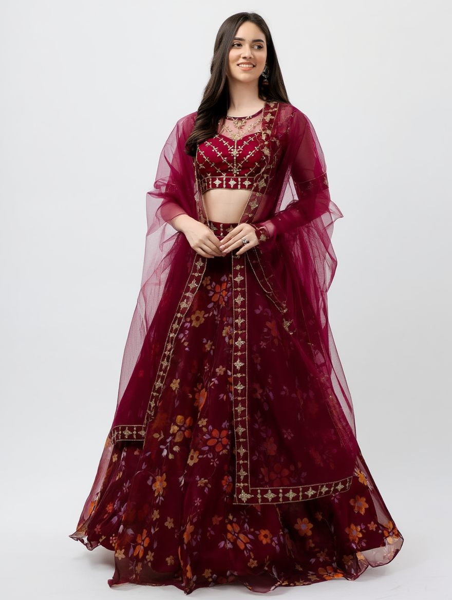 Trivety Embroidered Semi Stitched Lehenga Choli – Maroon