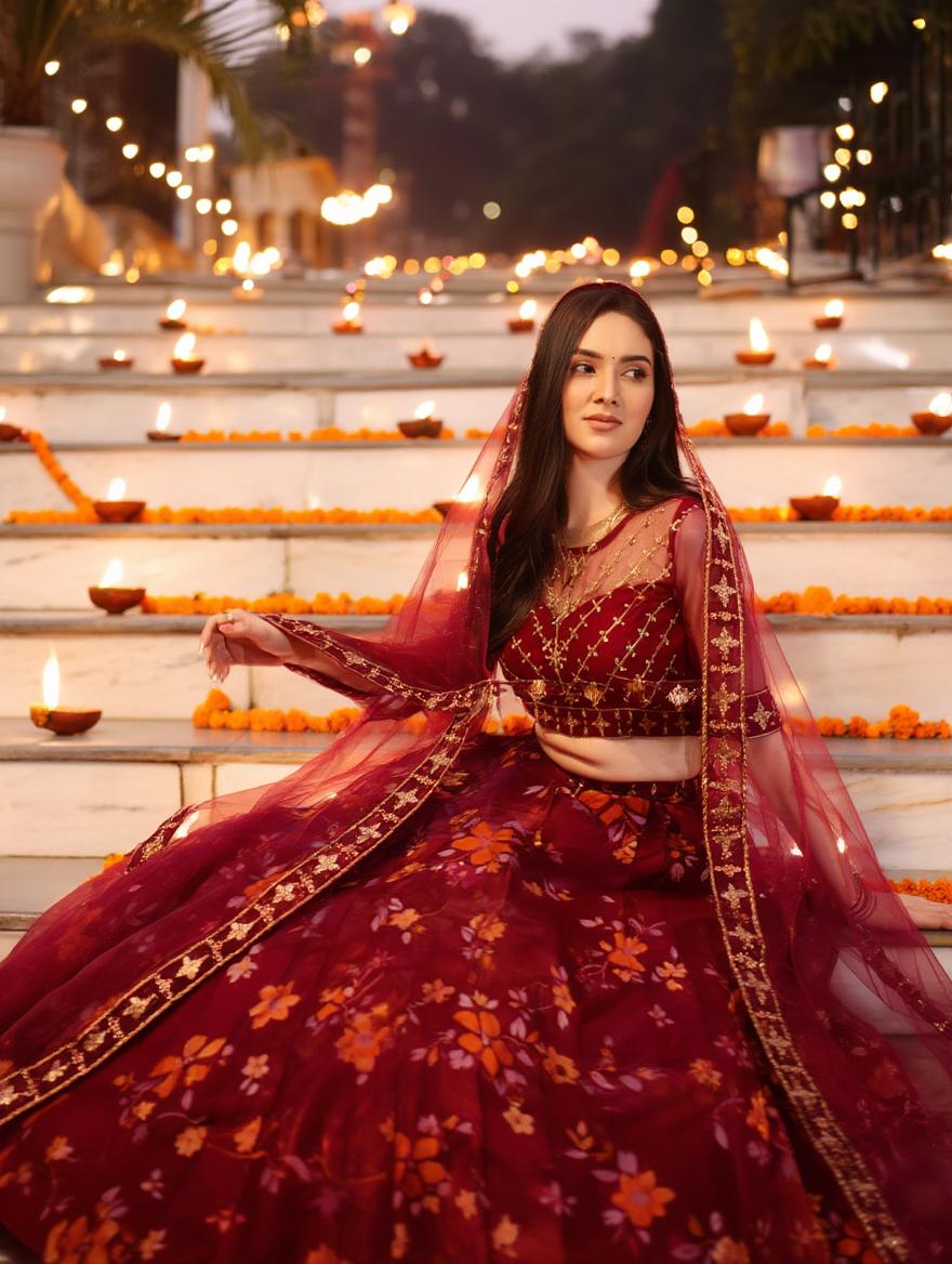 Trivety Embroidered Semi Stitched Lehenga Choli – Maroon