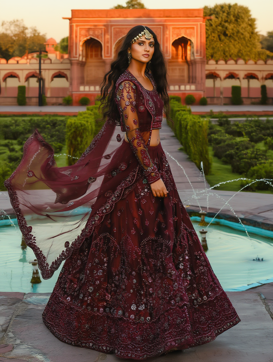 Elegant Embroidered Semi Stitched Lehenga Choli for Women – Maroon