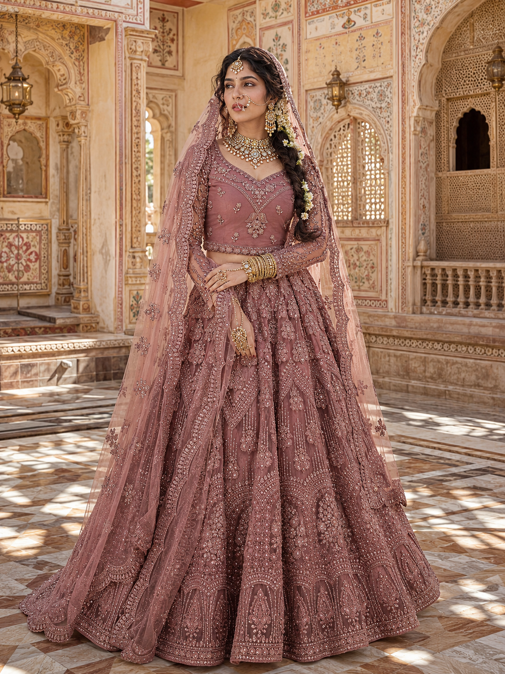 Mauve Pink Heavy Embroidered Bridal Lehenga with Sheer Sleeves & Net Dupatta