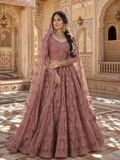 Mauve Pink Heavy Embroidered Bridal Lehenga with Sheer Sleeves & Net Dupatta