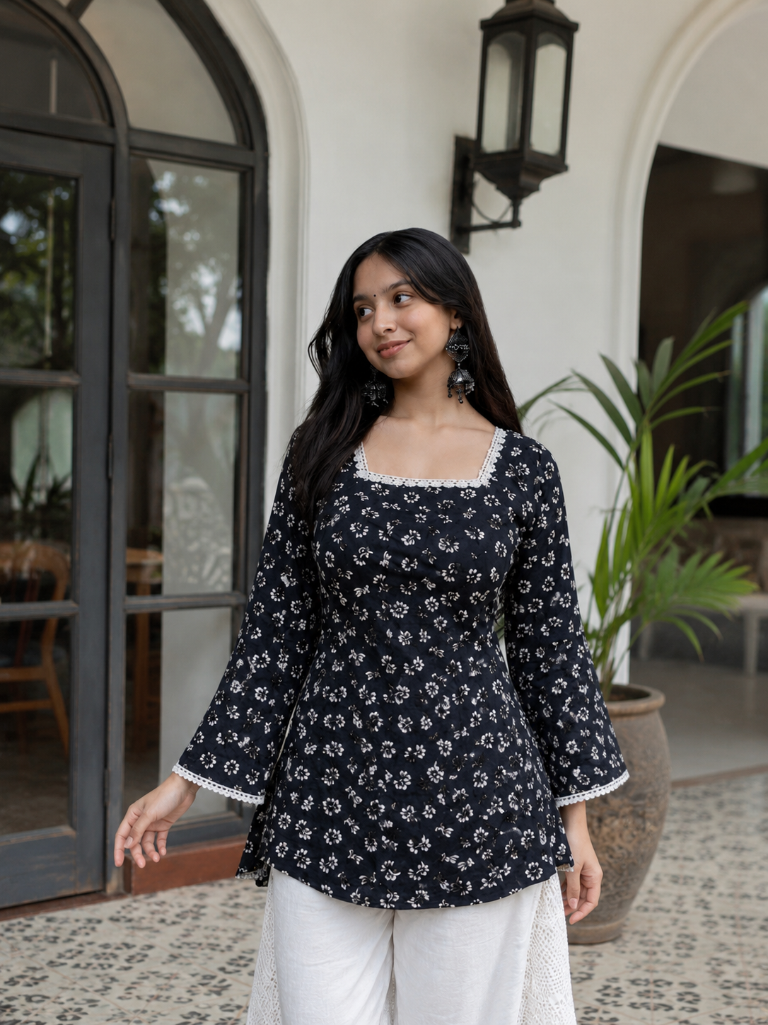 Women’s Black Floral Printed Square Neck Tunic Top with Bell Sleeves | Cotton Blend | Hip Length | Casual Western Wear