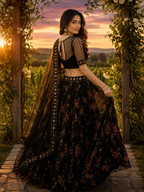 Black Floral Embroidered Lehenga Choli Set for Women | Sheer Net Dupatta with Gold Work | Elegant Party & Wedding Wear