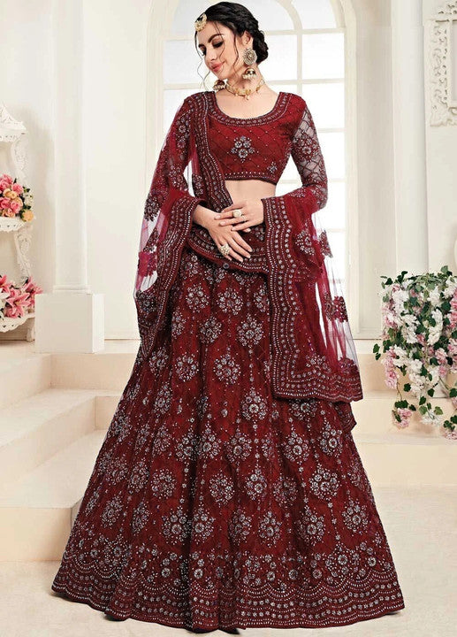 Royal Mirror Palace Bridal Portrait in Deep Maroon Lehenga