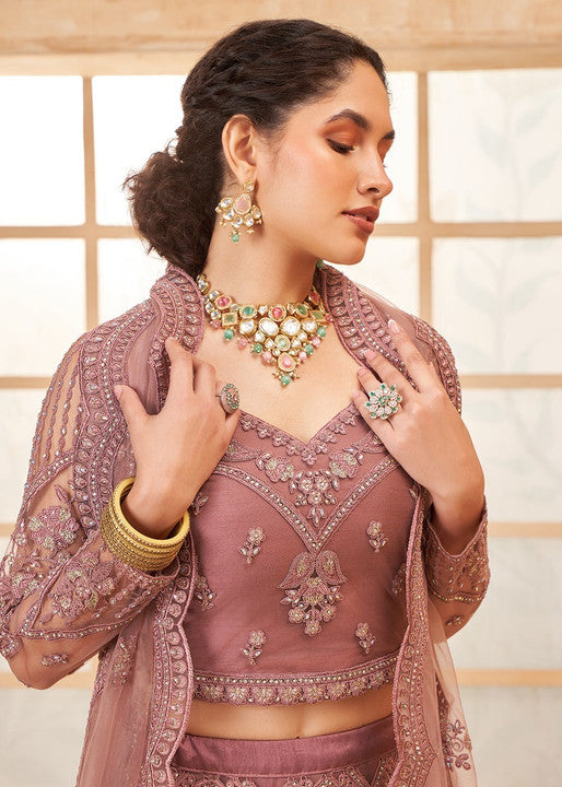 Mauve Pink Heavy Embroidered Bridal Lehenga with Sheer Sleeves & Net Dupatta