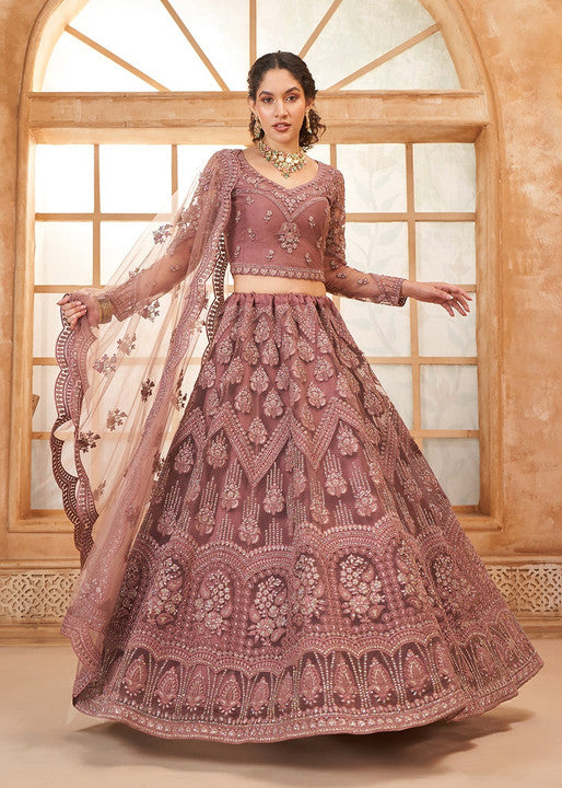 Mauve Pink Heavy Embroidered Bridal Lehenga with Sheer Sleeves & Net Dupatta