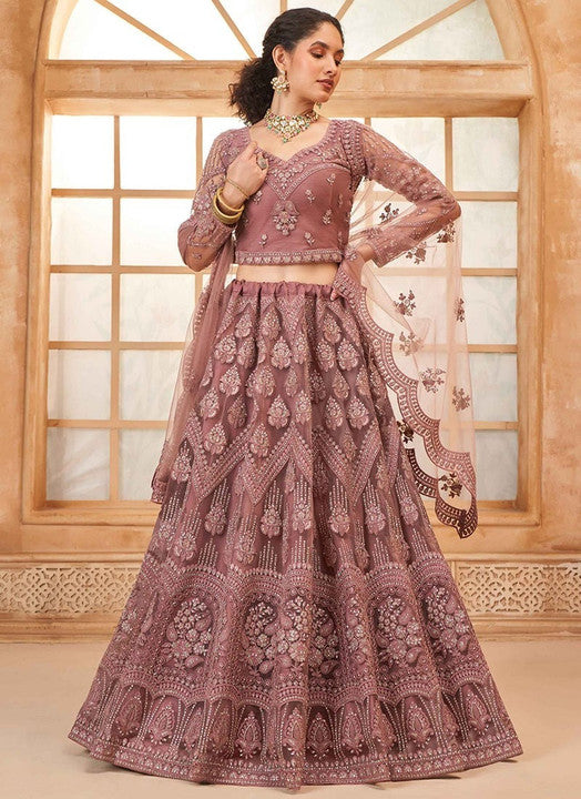 Mauve Pink Heavy Embroidered Bridal Lehenga with Sheer Sleeves & Net Dupatta