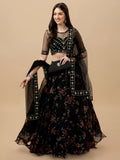 Black Floral Embroidered Lehenga Choli Set for Women | Sheer Net Dupatta with Gold Work | Elegant Party & Wedding Wear