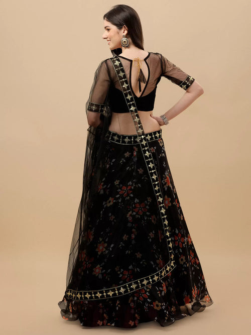 Black Floral Embroidered Lehenga Choli Set for Women | Sheer Net Dupatta with Gold Work | Elegant Party & Wedding Wear