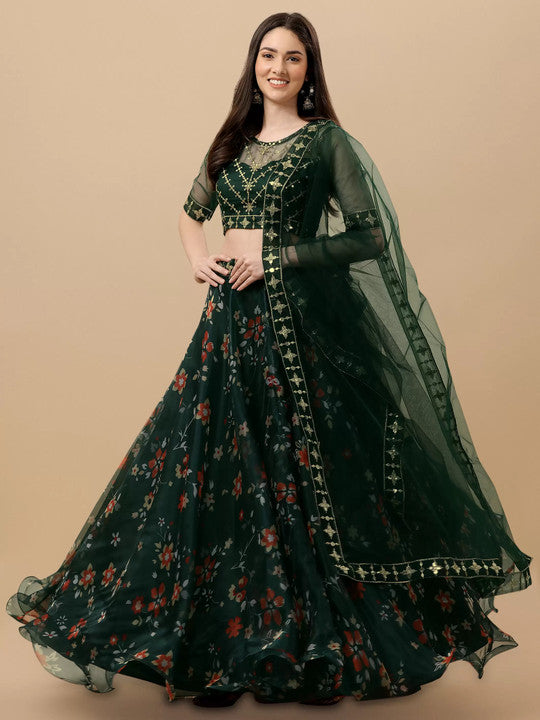 Elegant Embroidered Semi Stitched Lehenga Choli for Women – Green