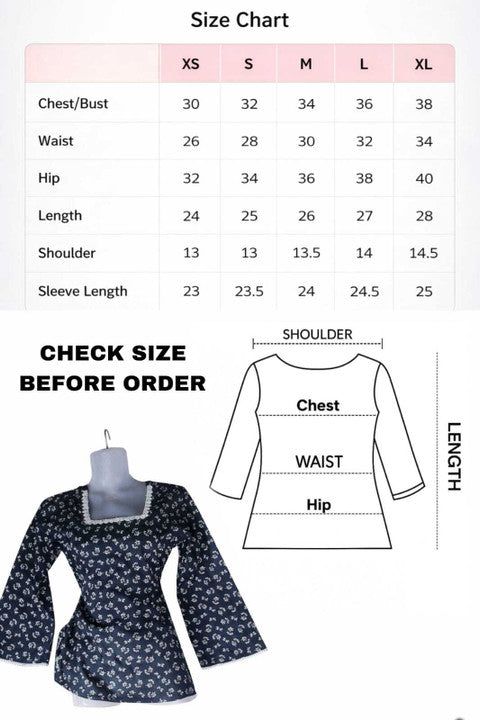 Women’s Black Floral Printed Square Neck Tunic Top with Bell Sleeves | Cotton Blend | Hip Length | Casual Western Wear