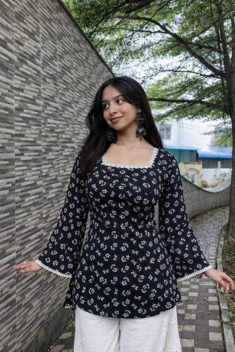Women’s Black Floral Printed Square Neck Tunic Top with Bell Sleeves | Cotton Blend | Hip Length | Casual Western Wear