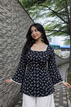 Women’s Black Floral Printed Square Neck Tunic Top with Bell Sleeves | Cotton Blend | Hip Length | Casual Western Wear