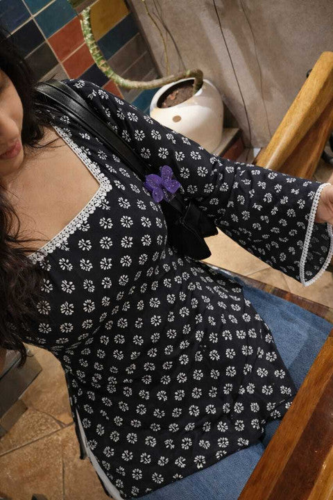 Women’s Black Floral Printed Square Neck Tunic Top with Bell Sleeves | Cotton Blend | Hip Length | Casual Western Wear