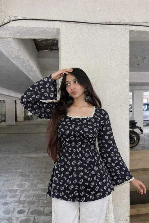 Women’s Black Floral Printed Square Neck Tunic Top with Bell Sleeves | Cotton Blend | Hip Length | Casual Western Wear