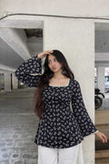 Women’s Black Floral Printed Square Neck Tunic Top with Bell Sleeves | Cotton Blend | Hip Length | Casual Western Wear